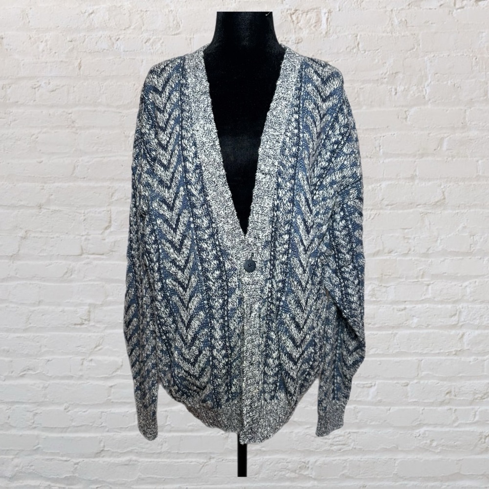 CROSSINGS Blue & Grey Cotton Knit Oversized Long Sleeve Button Down Sweater L